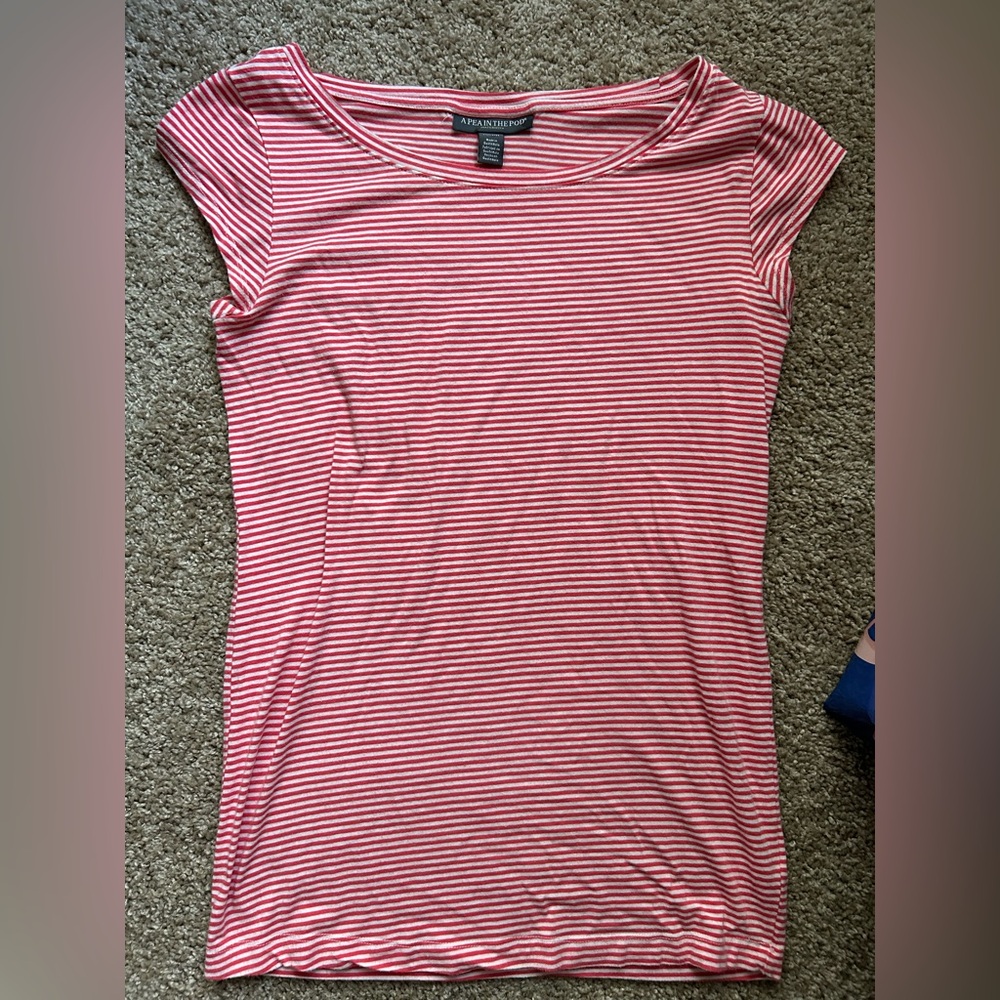 Maternity “A Pea in the Pod” Red Striped Short Sleeve Top